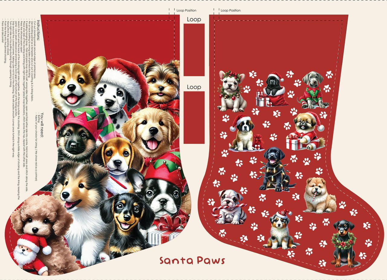 Devonstone Santa Paws Christmas Puppy Dogs Stocking Panel DV6946