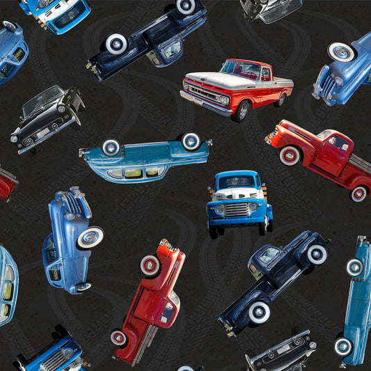 KKFabrics - Nostalgic Vehicles - Cars Charcoal - #4092D