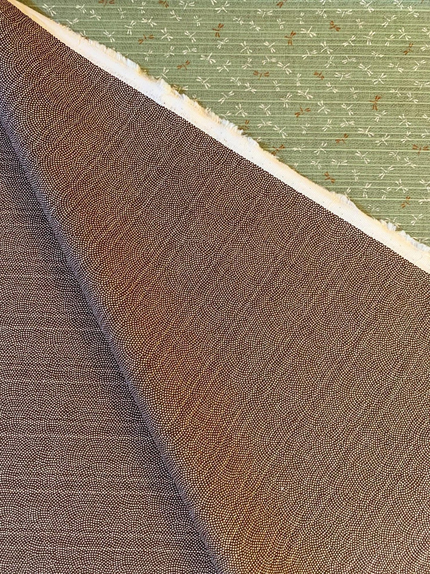 Sevenberry - Double Sided Cotton Shantung - Green Dragon Fly/Brown